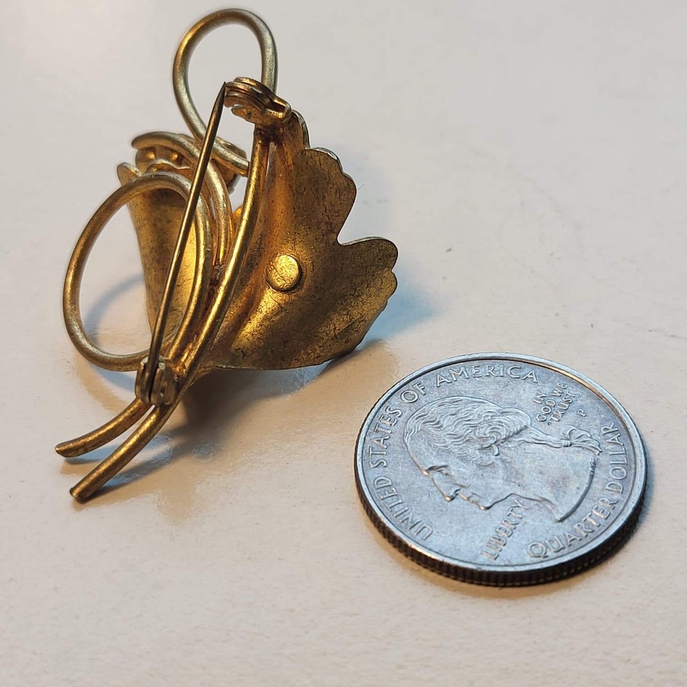 Vintage BSK Gold Tone Ginkgo Leaf Brooch OS Gold Purple Rhinestone MCM Pin - Picture 4 of 5